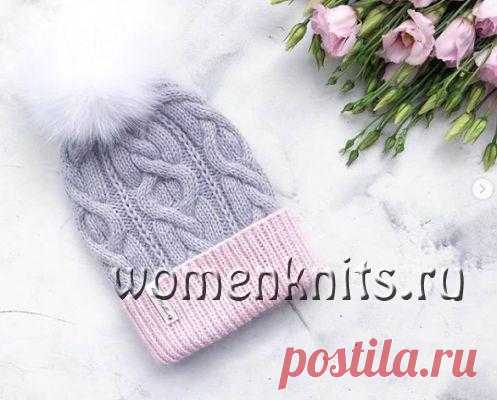 Женская шапка спицами с отворотом