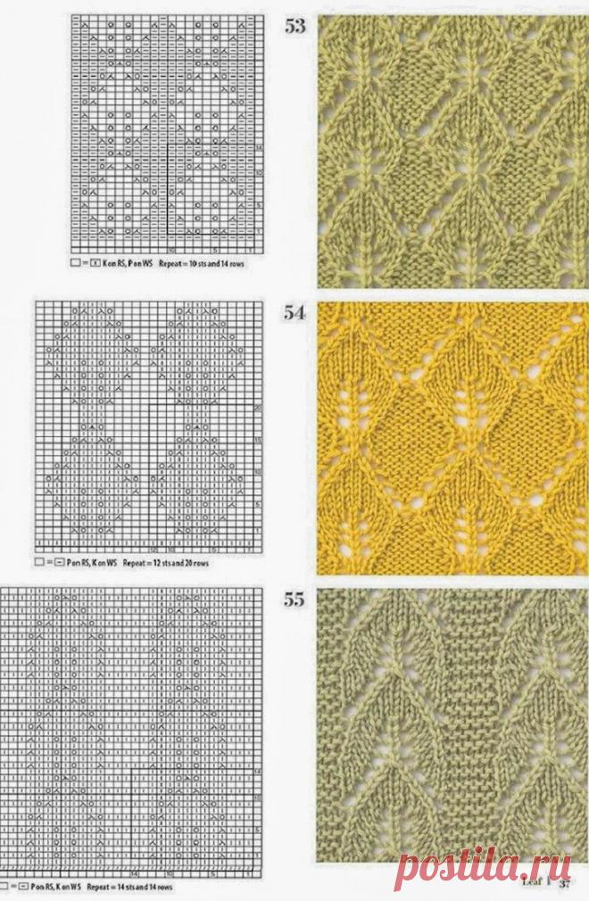 Вязание спицами. Варианты популярных, ажурных узоров «Листья». Схемы узоров | Сундучок с подарками | Яндекс Дзен
