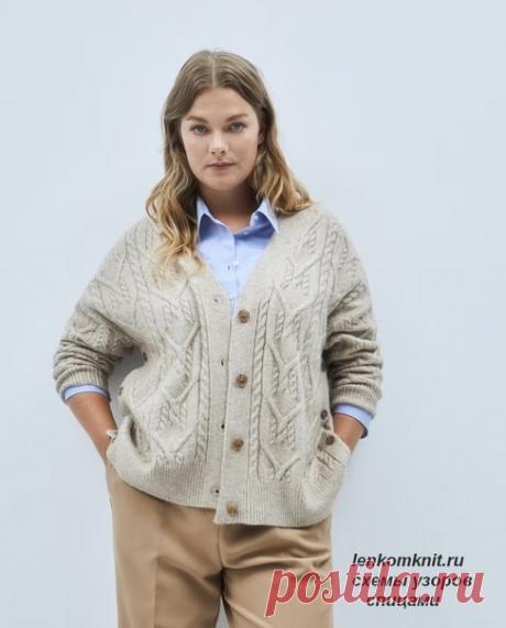 Запись на стене Кардиган плюс сайз от испанского бренда CouchelСостав пряжи: 48 % полиэстер, 32 % акрил и 20 % полиамидКардиган сам по себе имеет удачный покрой, но есть и интересная деталь - вместо боковых швов сделана сквозная застежка на пуговицы. Их можно расстегнуть на любую длину, получатся удобные разрезы.Еще одна интересная деталь - перед и спинка связаны разными узорами.Для кардигана составлены три схемы (для лицевых рядов, обозначе...