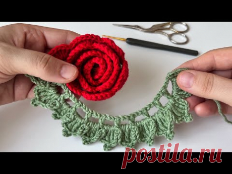 Вау!!!! ОЧЕНЬ СЛАДКО 🌹 Легкий узор розы крючком для начинающих 🌺 Изготовление РОЗЫ КРЮЧКОМ