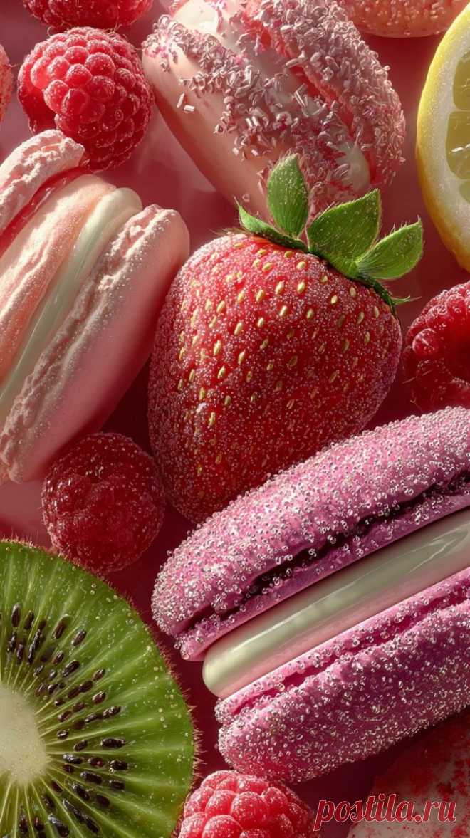 Яркие текстуры: клубника, макаруны и летние фрукты для вашего телефона. Картинка из нейронной сети Миджорни - Midjourney примеры промтов - Форум ИИ о нейросетях - Yes Ai