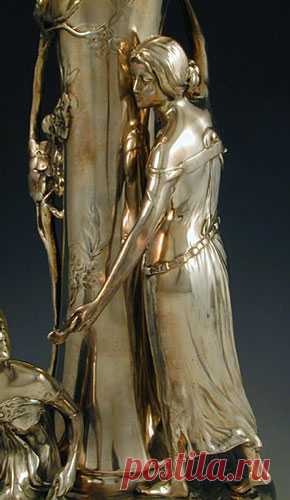 Art Nouveau Silver Plate on Pewter Vase with two Maidens