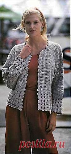 Серый вязаный жакет с каймой узором "Ракушка" крючком. Схемы. / pautinka.3dn.ru
