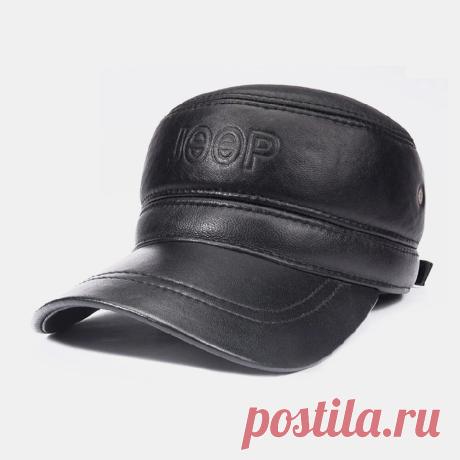Men Genuine Leather Large Brim Flat Top Plus Thickness Cotton Keep Warm Ear Prot - US$36.99