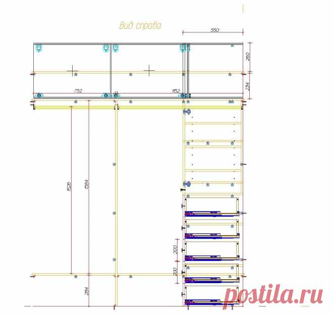Видовые чертежи - вид справа, с основными размерами. Сделано в bCAD.