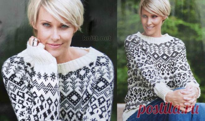 Вязаный черно-белый пуловер с норвежским узором Вязаный черно-белый пуловер с норвежским узором- это чудесная модель напоминает зимние узоры на стекле. Красивый узор подчеркнет индивидуальность модели