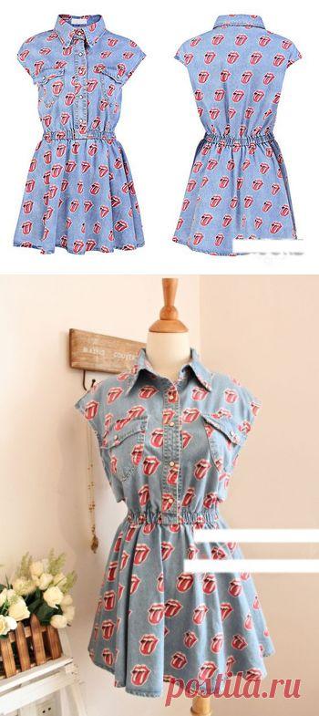 2014 новый летний моды Рок язык печати, с отложным воротником Эластичный пояс, синий деним платье для женщин, принадлежащий категории Платья и относящийся к Одежда и аксессуары на сайте AliExpress.com