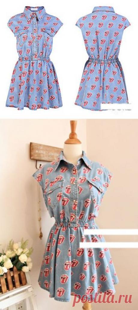 2014 новый летний моды Рок язык печати, с отложным воротником Эластичный пояс, синий деним платье для женщин, принадлежащий категории Платья и относящийся к Одежда и аксессуары на сайте AliExpress.com