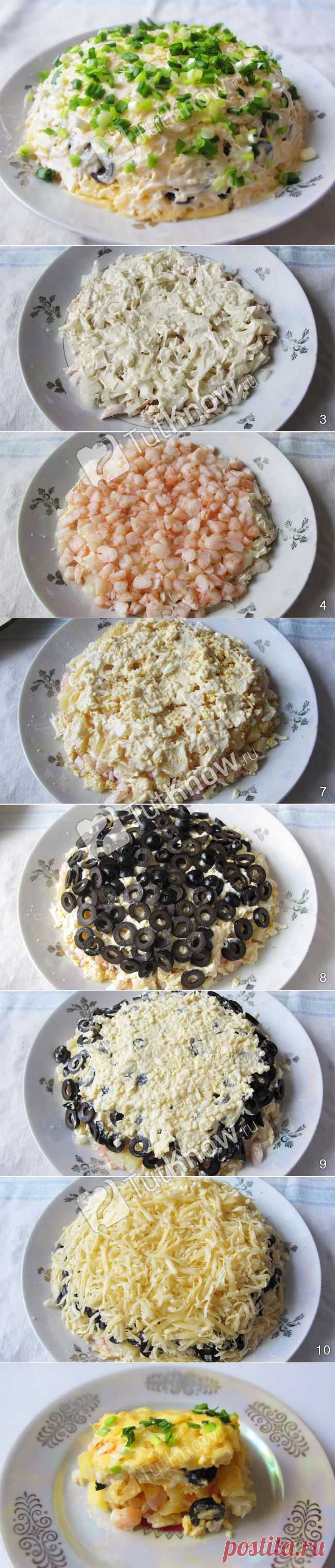 Салат: Креветки под шубой с ананасами и маслинами. Рецепт с фото