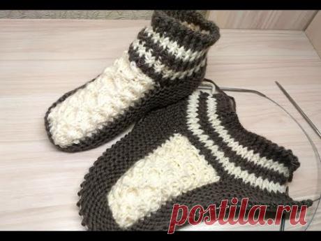 Тапочки-носочки на 2 спицах. Вяжем вместе.