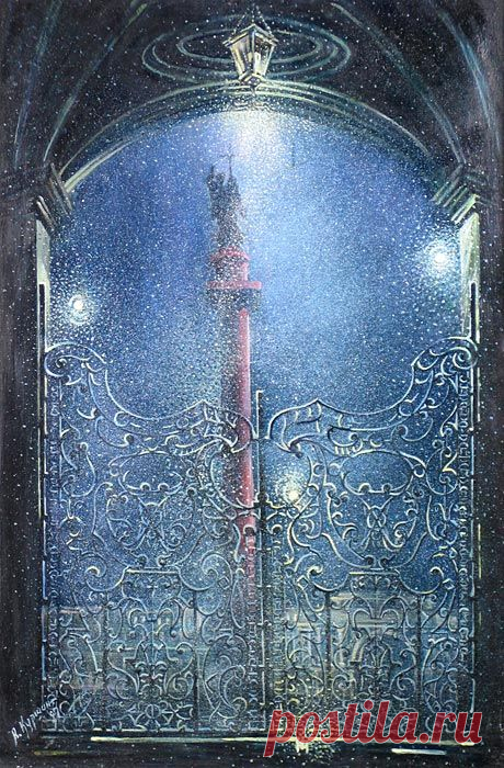 Saint Petersburg. Anatoliy Kurshin_Анатолий Куршин. Сквозь ворота Зимнего дворца.Холст. Масло. 1997 г. Серия: "Зимние грезы" Санкт-Петербурга