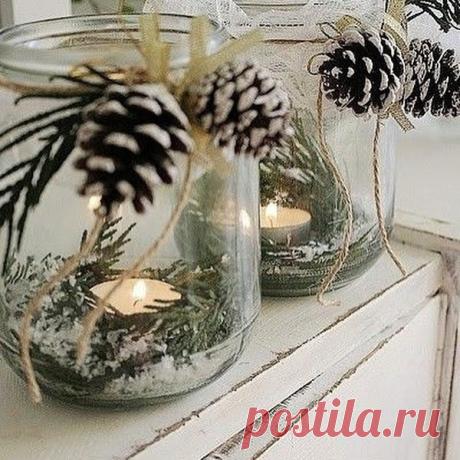 Идеи подсвечников из обычных баночек с шишками