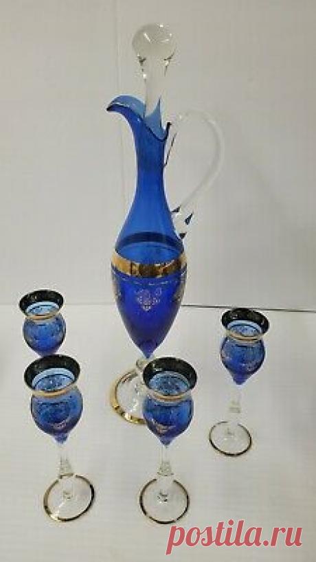 Vintage Cobalt Glass Decanter Cordial Set Gold Overlay Stem 4 Glasses MCM | eBay Vintage Cobalt Glass Decanter Cordial Set Gold Overlay Stem 4 Glasses MCM.