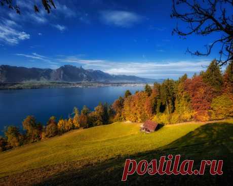 Картинки switzerland, осень, горы, деревья, домик, пейзаж - обои 1280x1024, картинка №435037