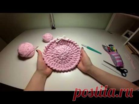 Для детей и начинающих взрослых: круглая подставка под горячее крючком из трикотажной пряжи Нитка