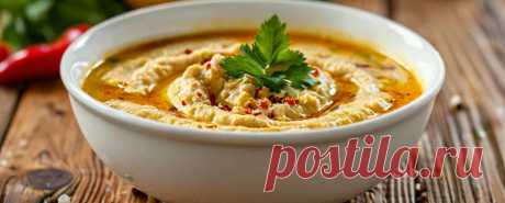 Суп-пюре из чечевицы с хумусом и зеленью.