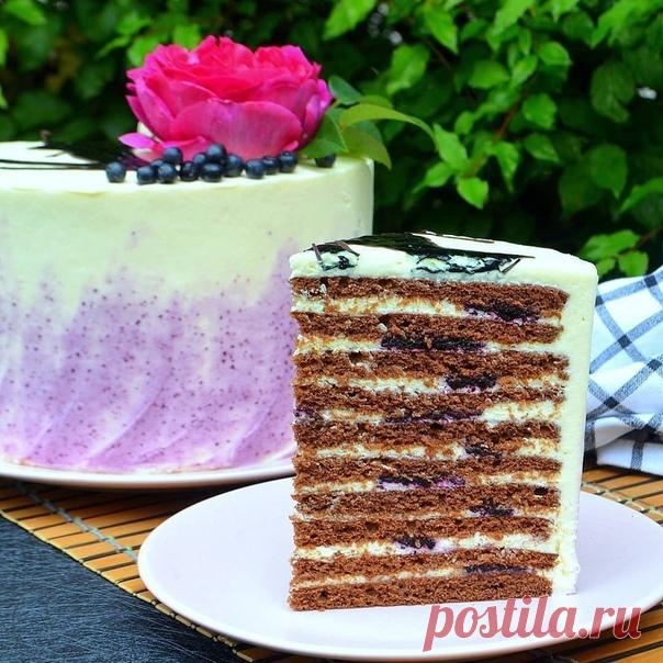 Торт «Шоколадная девочка с черникой» от vladunoff
Тесто:
Сгущёнка - 400 г
Яйца - 140 г (~2 шт)
Сливочное масло - 70 г
Мука - 145 г
Какао - 45 г
Разрыхлитель - 12 г
Соль - 4 г

Ягодная начинка:
Пюре черники - 200 г
Сахар - 40 г
Пектин NH - 5 г

Крем:
Маскарпоне - 250 г
Сгущёнка - 120 г
Сахарная пудра - 100 г
Ванильный сахар - 20 г
Сливки (33-35%) - 400 г

Крем для выравнивания:
Сливочное масло - 150 г
Сахарная пудра - 80 г
Творожно-сливочный сыр - 400 г
⠀
РЕЦЕПТ ПРИГОТОВЛЕН...