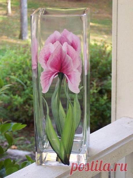 Hand Painted Glass Vase with Pink Iris