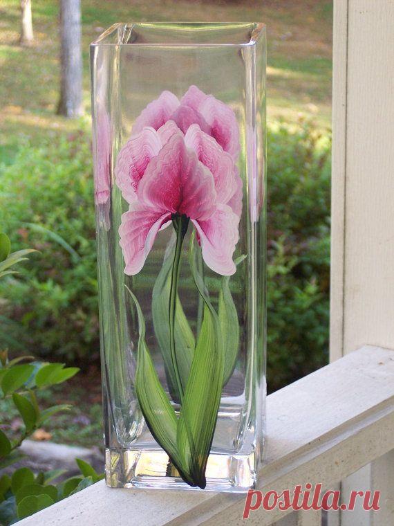 Hand Painted Glass Vase with Pink Iris