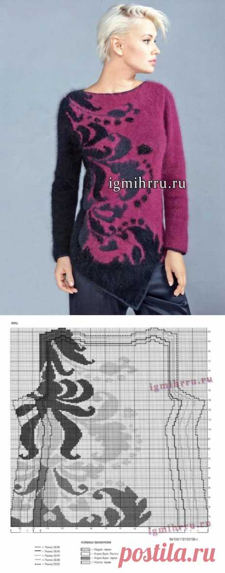 НАРЯДНЫЙ ЧЕРНО-БОРДОВЫЙ ПУЛОВЕР С АСИММЕТРИЧНЫМ НИЗОМ, ЖАККАРДОВЫМ УЗОРОМ И СОЧЕТАНИЕМ ФАКТУР. Вязание спицами