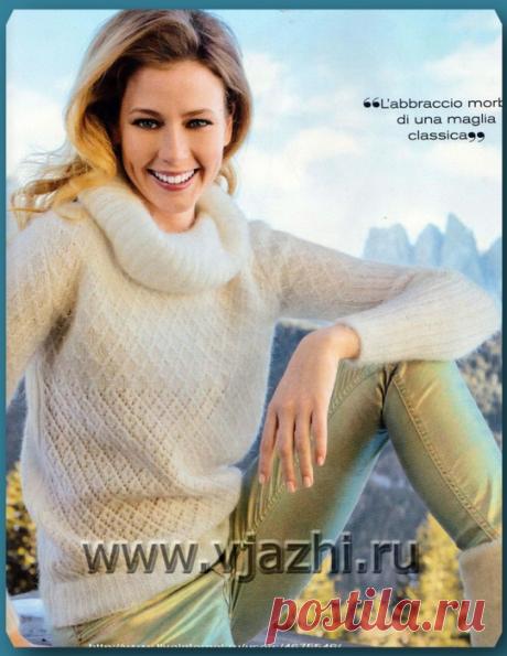 Вязание пуловера водолазки Dolcevita bianco из мохера, журнал Donna 14.