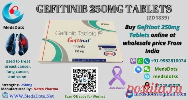 Buy Natco Geftinat 250mg tablets online from MedsDots at wholesale price and get it delivered at your doorstep. MedsDots is an Indian and overseas medical supplier that serves you all life-saving rare & targeted medicines at wholesale price and shipped it around almost anywhere in the world in a quick time with no worry of quality of products. It is an anti-cancer generic Iressa medication researched & marketed by Natco Pharma that is used to treat breast cancer, lung cancer, and so on.