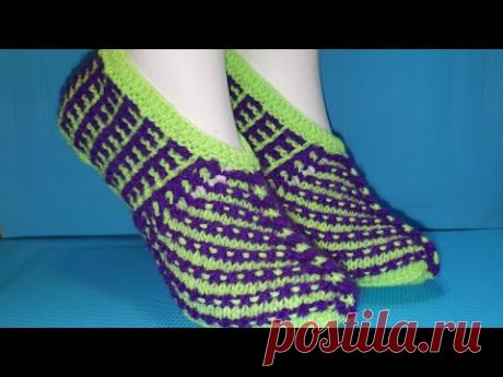 #445 КРАСИВЫЕ ТАПОЧКИ НА ДВУХ СПИЦАХ .МАСТЕР КЛАСС.