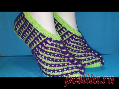 #445 КРАСИВЫЕ ТАПОЧКИ НА ДВУХ СПИЦАХ .МАСТЕР КЛАСС.