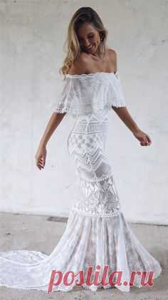 off the shoulder white lace church long wedding dresses, romantic court train mermaid bridal gowns  #wedding