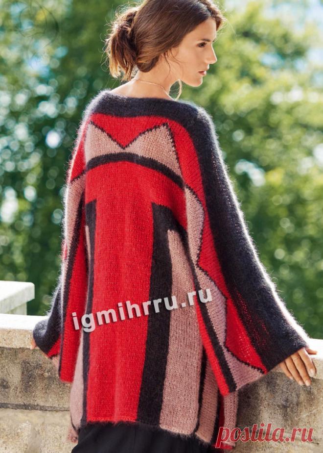 Мохеровый кардиган с геометрическим узором и полосами. Вязание спицами со схемами и описанием