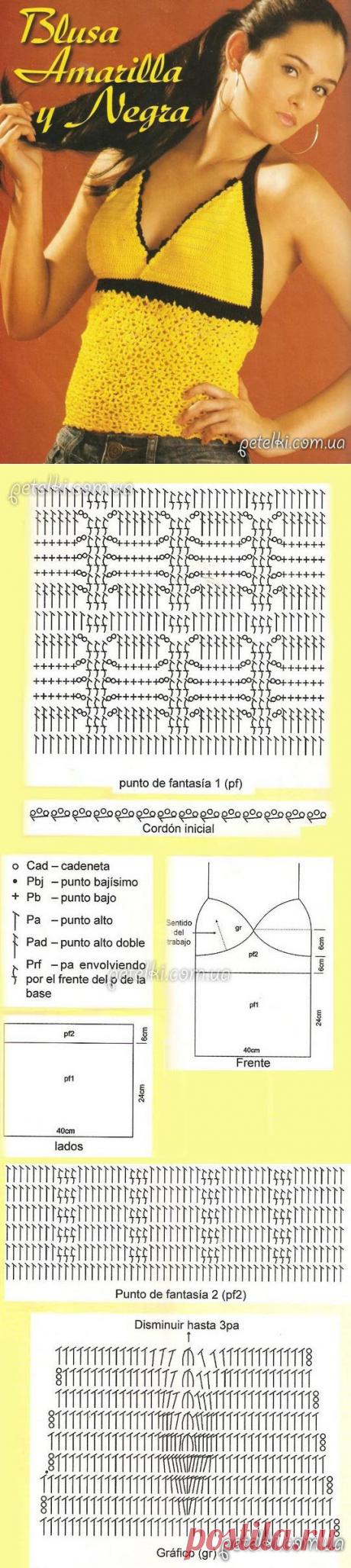 Жёлто-чёрная маечка крючком. Схемы, выкройка
