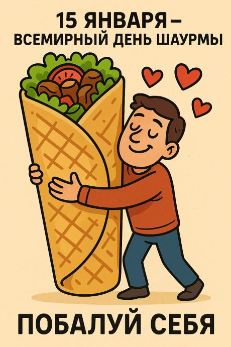 Поздравляю со Всемирным днем шаурмы! Желаю феерии вкуса, гастрономических взрывов и чтобы лаваш всегда был хрустящим, а мясо — нежным! Открытки на Всемирный день шаурмы!