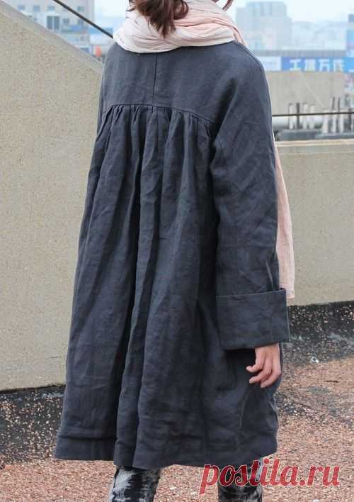Free Style Pleated Linen Long Jacket/ Cape/ Black