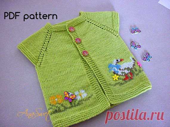 Baby knitting patterns.Knitted baby cardigan,pattern PDF.Knit baby clothing.Pattern baby vest.Pattern baby clothing. Baby cardigan has top-down raglan construction and is worked in one piece.Knitting is soft and pleasant to the touch. The cardigan no edges!  Size: To fit a baby aged 3-6 months. For size 6-9 months, necessary changes are given in brackets ( ).  Actual measurements chest  length -
