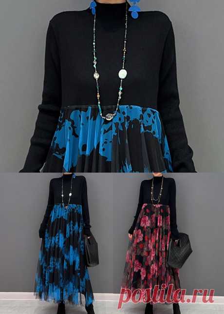Women Red Print Stand Collar Patchwork Tulle Knit Long Dress Spring – SooLinen