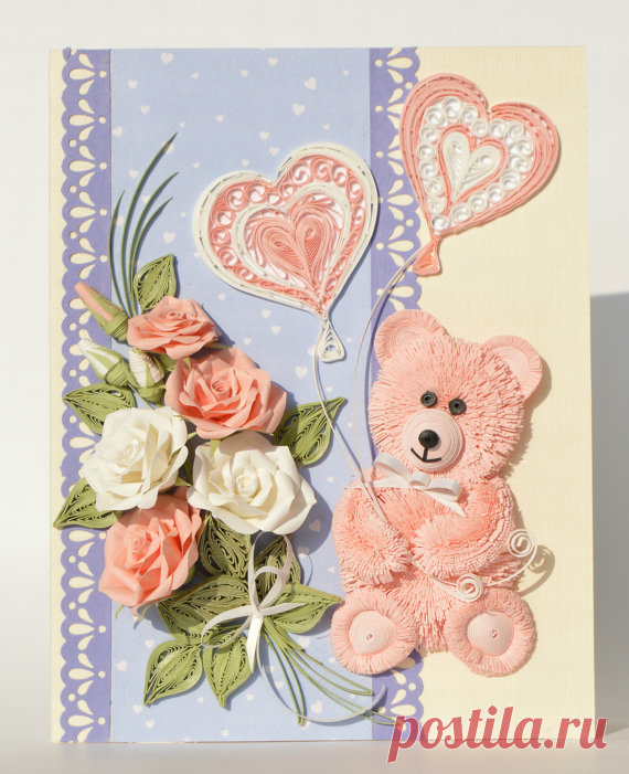 Adorable pink bear Valentine Quilling Card by QuillyVicky