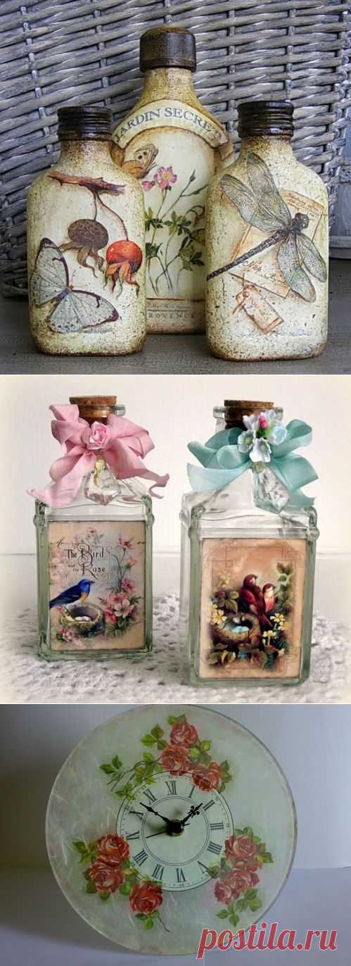 Декупаж по стеклу – основы для начинающих. 
сли вы все-таки намерены самостоятельно, путем проб и ошибок, а значит, путем собственного опыта постичь искусство декупажа, то мы предложим вам несколько советов для начинающих. - Источник: Рукоделие - мое ремесло http://rukodelie1.com/publ/tehniki_rukodelia/dekupazh/dekupazh_po_steklu_osnovy_dlja_nachinajushhikh/23-1-0-41