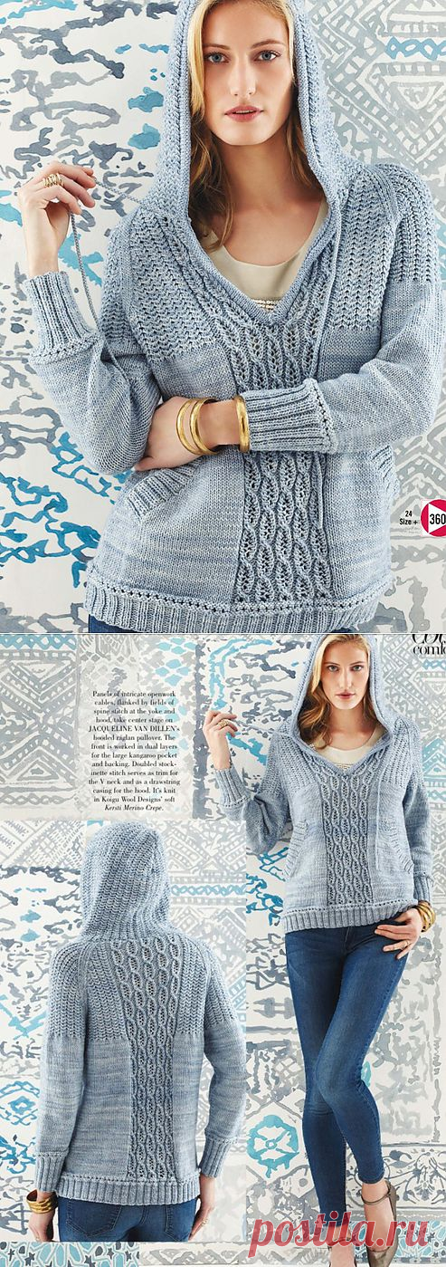 Вязание пуловера с капюшоном, модель 24, Vogue весна - лето 2014..