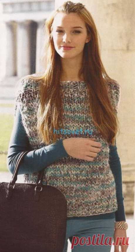 Меланжевая безрукавка спицами - Хитсовет Меланжевая безрукавка спицами. Для вязания безрукавки Вам потребуется: 500 (550,600, 700) г пряжи в серо-голубой гамме (цв. 04917) Schachenmayr select C0RALITA (50% шерсти, 50% полиамида, 25 м/50 г); спицы № 9-10 и № 12,75.