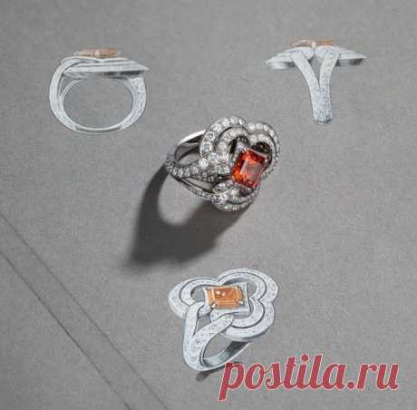 Кольцо. Эскиз. Готовое кольцо. Кольцо женское. Масайский гранат. Бесцветные бриллианты. Белое золото.