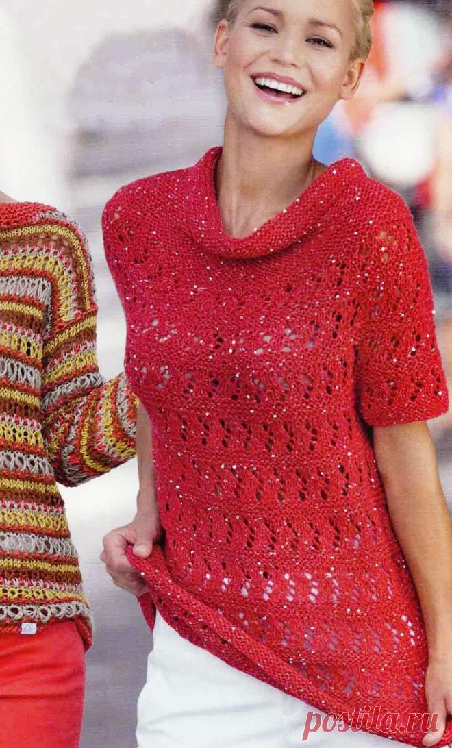 Вязание крючком и спицами - Красный пуловер с короткими рукавами