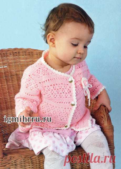 Розовая ажурная кофточка для малышки 1 года. Вязание крючком для детей
