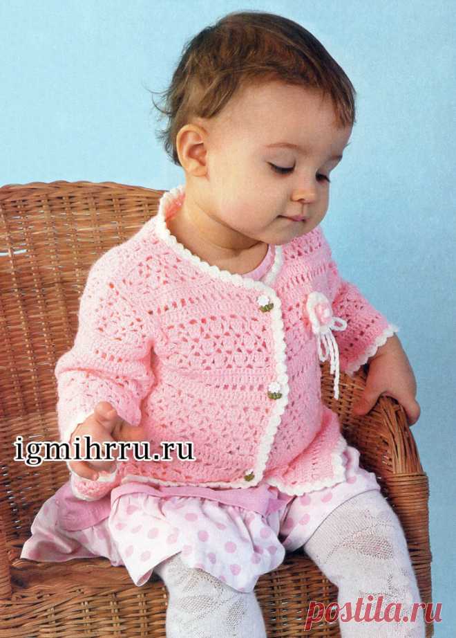Розовая ажурная кофточка для малышки 1 года. Вязание крючком для детей