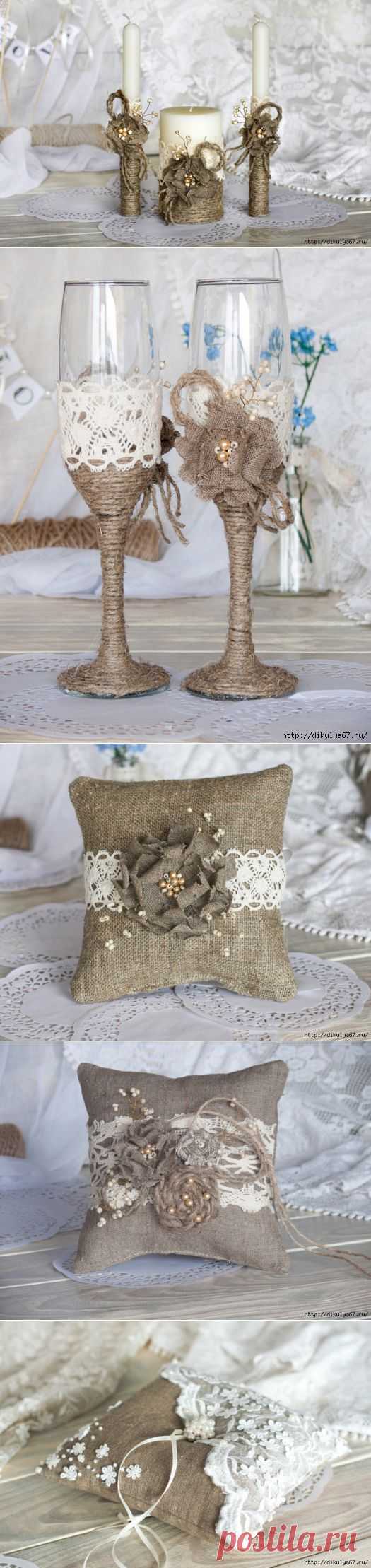 Декорирование свечей и бокалов джутом и мешковиной