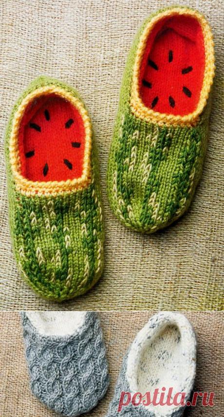 Домашние тапочки "арбузики" из журнала "Вязаный креатив" вязаные спицами и крючком