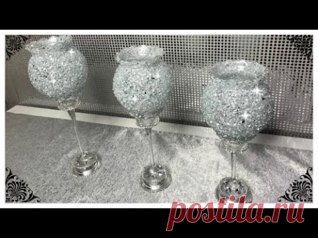 DIY DOLLAR TREE VASE AND  CRUSHED GLASS BLING CANDLE HOLDERS 2018 - YouTube