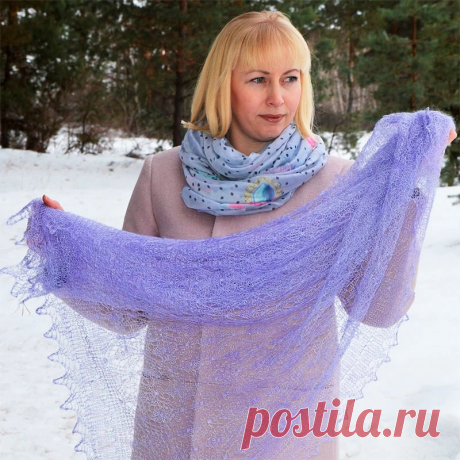 Платок Пуховый платок ручной работы паутинка сиреневая, 120 х 120