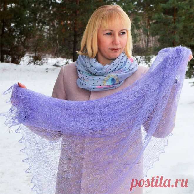 Платок Пуховый платок ручной работы паутинка сиреневая, 120 х 120