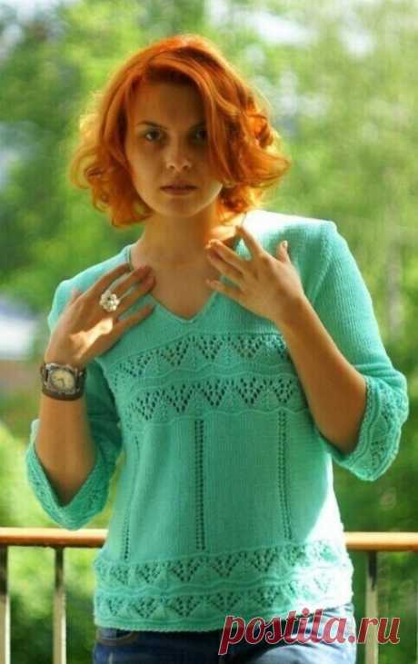 Летний пуловер с рукавами 3/4, вяжем спицами