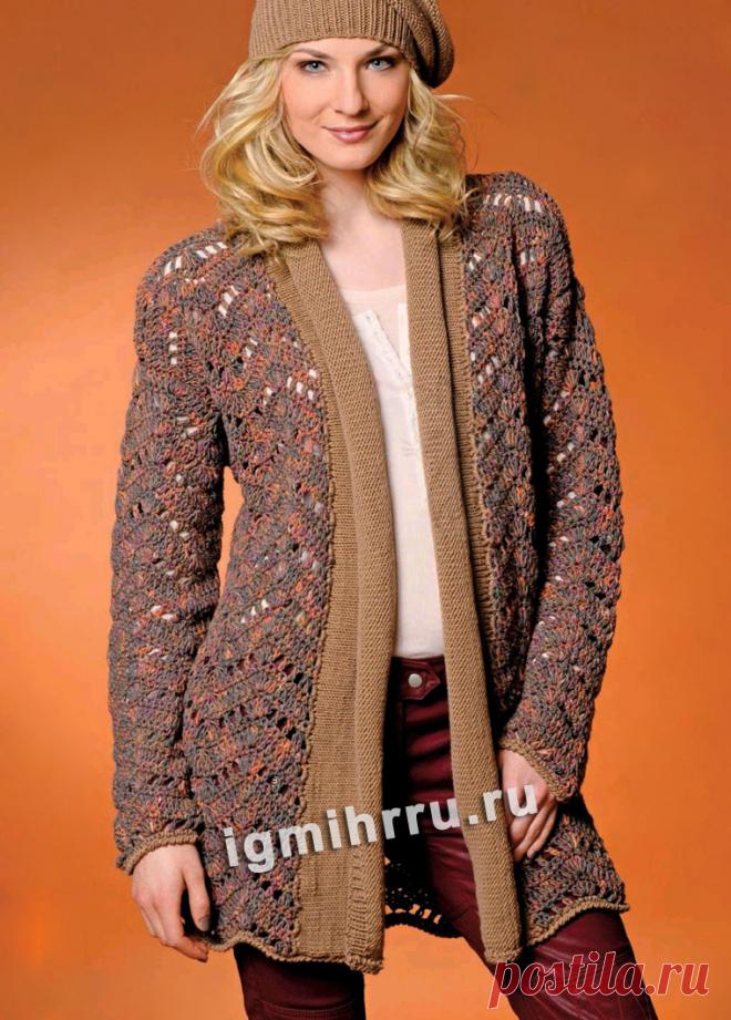 Меланжевый ажурный кардиган с широкими планками. Вязание крючком со схемами и описанием